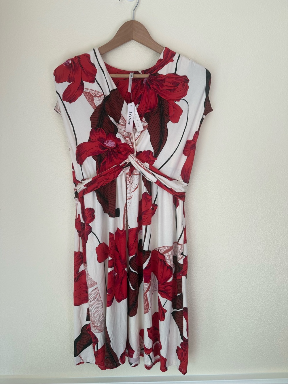 Soma White Midi Dress with Red Floral Print and Tie Front